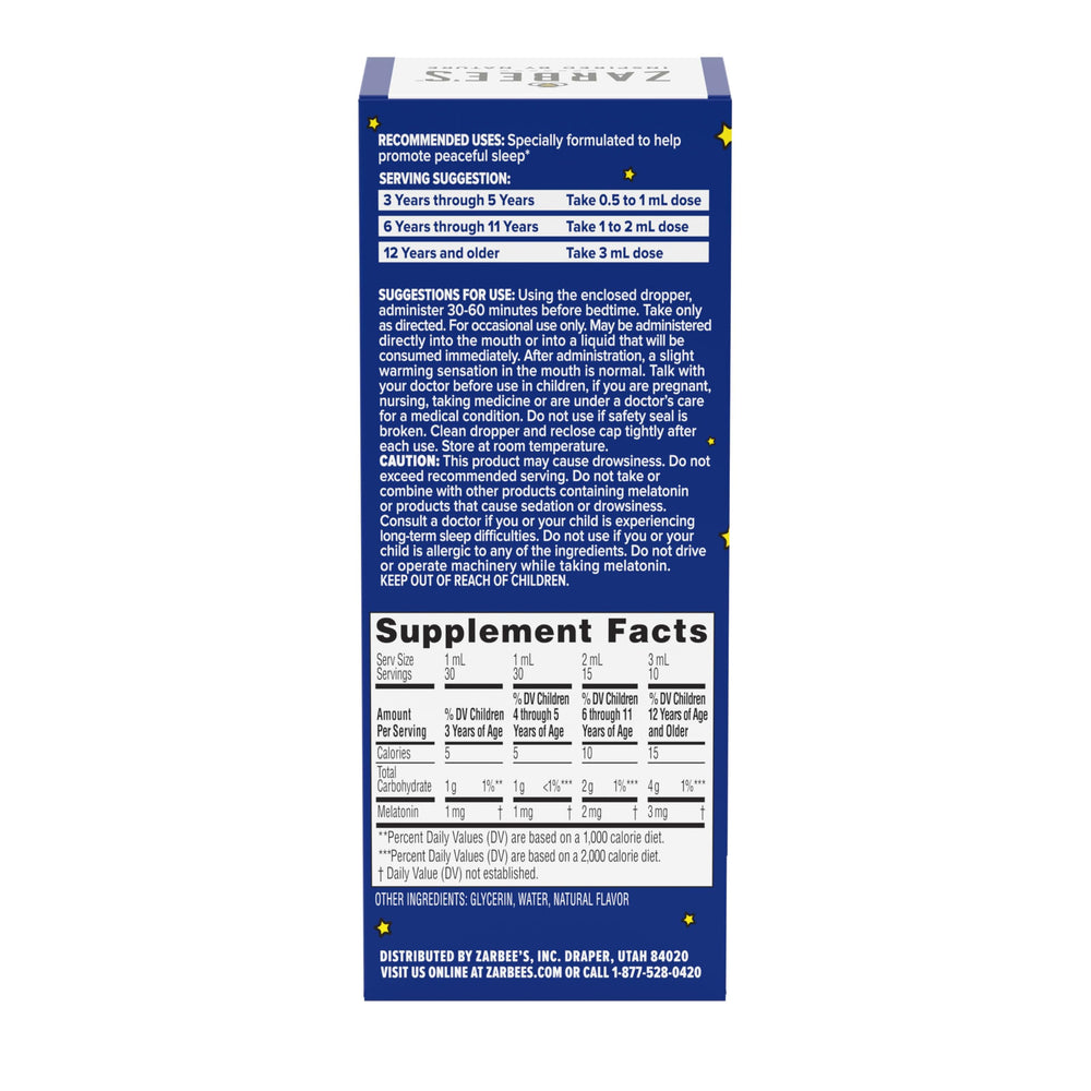 1 fl oz bottle of Zarbee's Kids Melatonin Liquid Sleep Supplement for kids