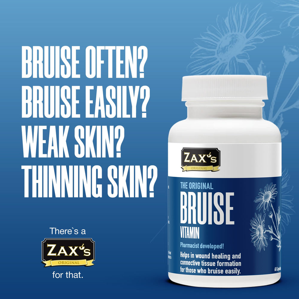 Close-up of ZAX'S Bruise Vitamin 60-cap bottle