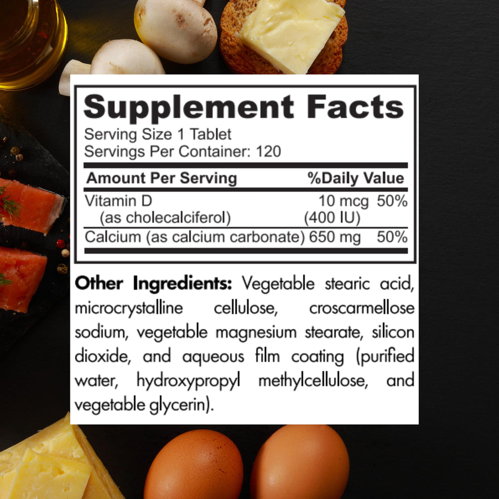 Label showing 650 mg Calcium and 400 IU Vitamin D3 per tablet