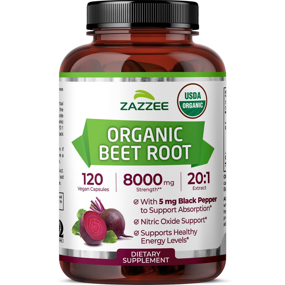Zazzee Beet Root bottle displaying 8000 mg 20:1 extract