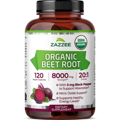 Zazzee Beet Root bottle displaying 8000 mg 20:1 extract