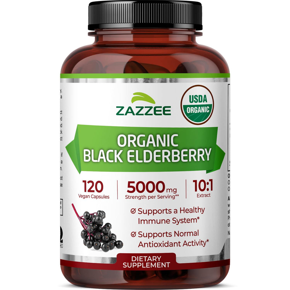 Bottle of Zazzee Black Elderberry extract with 120 vegan capsules