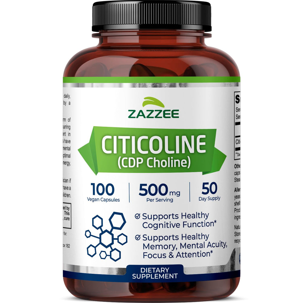 Bottle of Zazzee Citicoline 500 mg with 100 vegan capsules