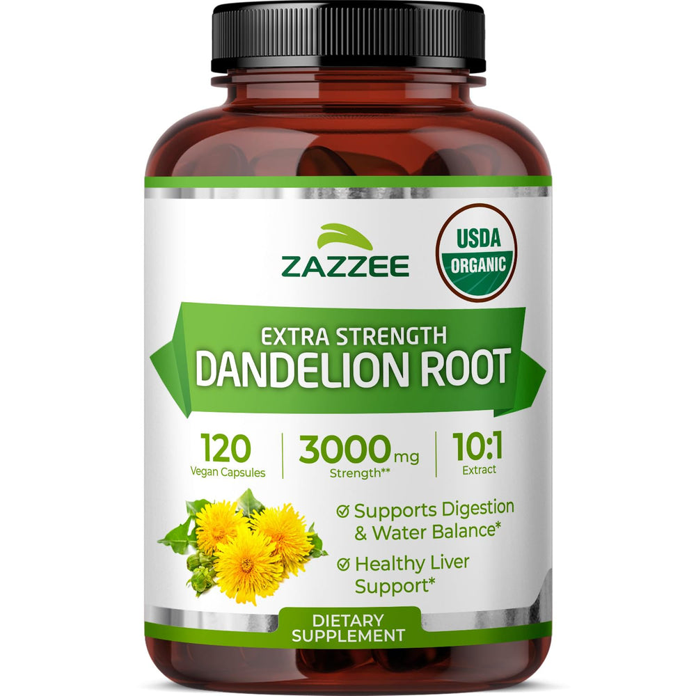 Zazzee Dandelion Root bottle cap close-up, showcases organic extract purity for digestion support.