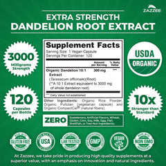 Zazzee Dandelion Root bottle front displaying USDA Organic seal for purity.