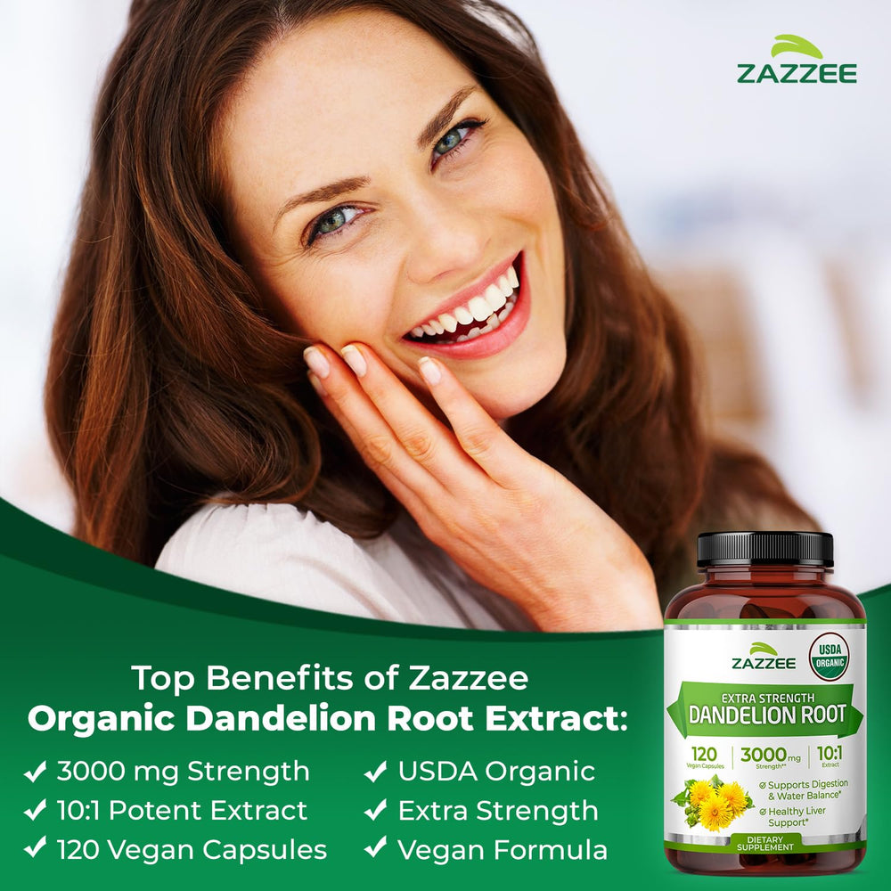 Zazzee Dandelion Root label highlights organic certification and vegan formula.