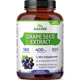 Bottle of Zazzee Grape Seed 50:1 Extract with 180 vegan capsules, indicating 6-month supply