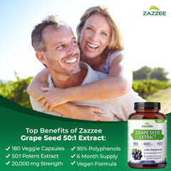 Label highlighting 95% polyphenols in Zazzee Grape Seed 50:1 Extract