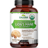 Zazzee Lion's Mane Organic 20:1 extract bottle with 120 vegan capsules