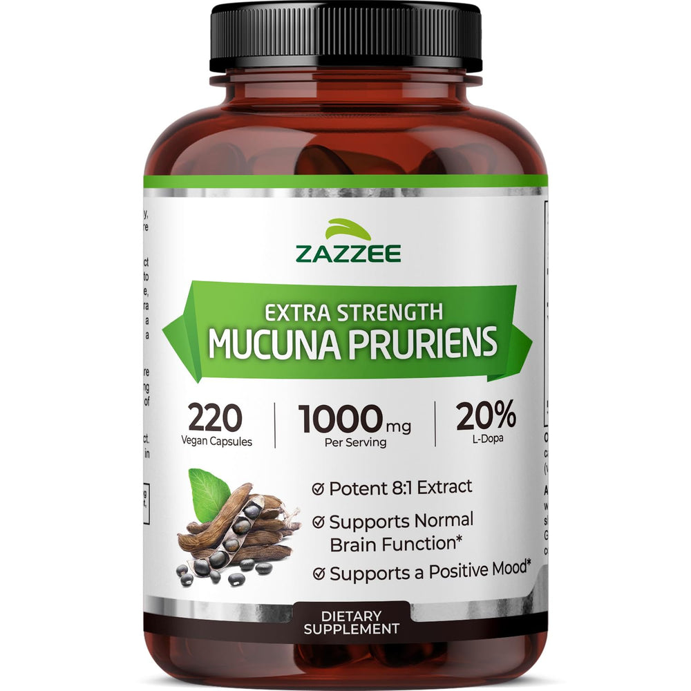 Bottle of Zazzee Extra Strength Mucuna Pruriens 8:1 Extract