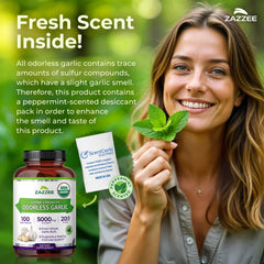 Garlic supplement box and bottle with vegan and non-GMO icons