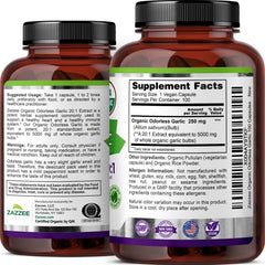 Front view of garlic supplement bottle with packaging