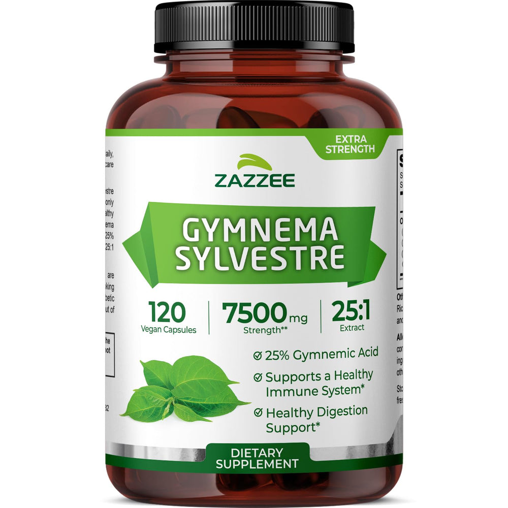 Zazzee Organic Gymnema Sylvestre 25:1 extract bottle with 120 vegan capsules