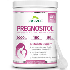 Zazzee PREGNOSITOL Powder bottle showing 6-month supply and 183 servings