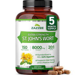 Front view of Zazzee St. John’s Wort 8000 mg 20:1 extract capsule