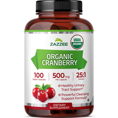 Zazzee USDA Organic Cranberry bottle label with 25:1 extract