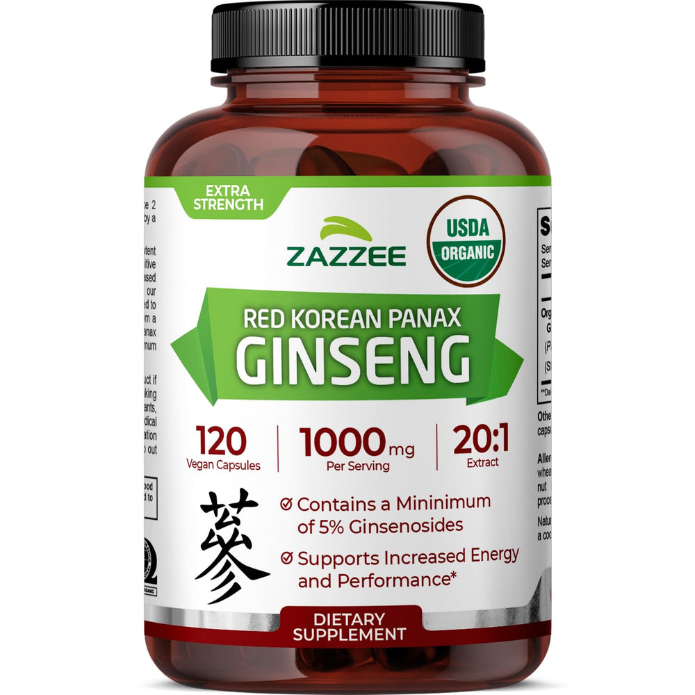 Bottle of Zazzee USDA Organic Red Korean Panax Ginseng with 20:1 extract and 120 vegan capsules
