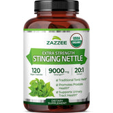 Bottle of Zazzee USDA Organic Stinging Nettle Extract 20:1, 9000 mg per capsule, 120 vegan capsules