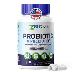 ZBIOME Probiotic bottle displaying 60 Billion CFU and 30 capsules