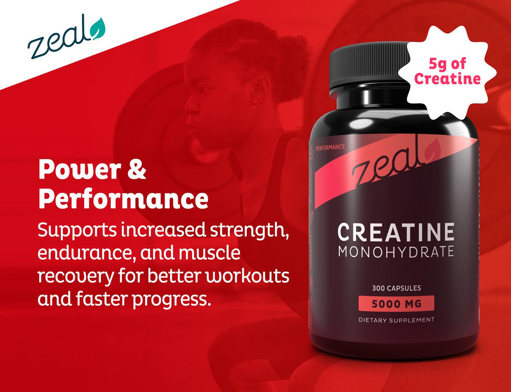 Capsules ready to dispense from Zeal Creatine Monohydrate bottle