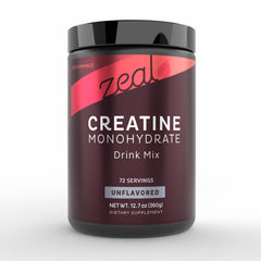 Zeal Creatine Monohydrate Unflavored Powder bottle label – 5 g per serving, 72 servings