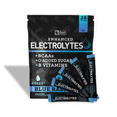 Zeal Naturals enhanced electrolyte blue raspberry stick packet front view for on-the-go hydration.