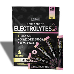 Zeal Naturals enhanced electrolyte stick-packs lemon berry for quick hydration on-the-go.