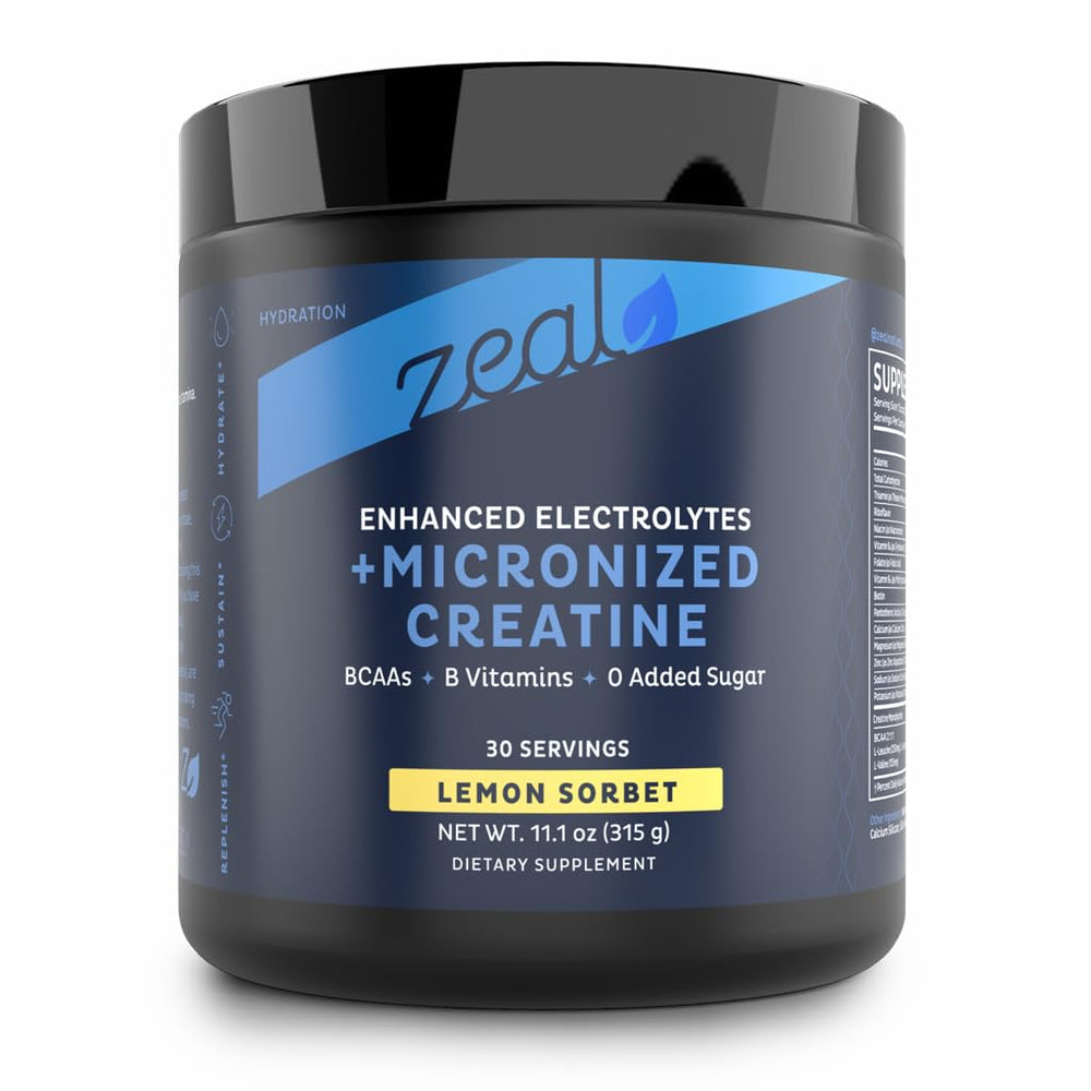 Zeal Naturals Zeal Electrolyte Powder Lemon Sorbet front view for daily hydration.