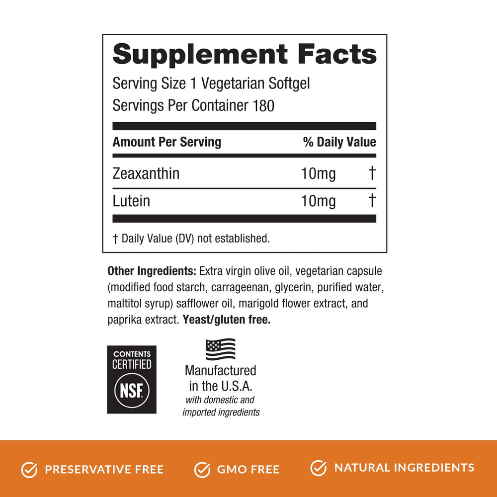 Softgels showing 10 mg zeaxanthin and 10 mg lutein