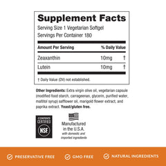 Softgels showing 10 mg zeaxanthin and 10 mg lutein