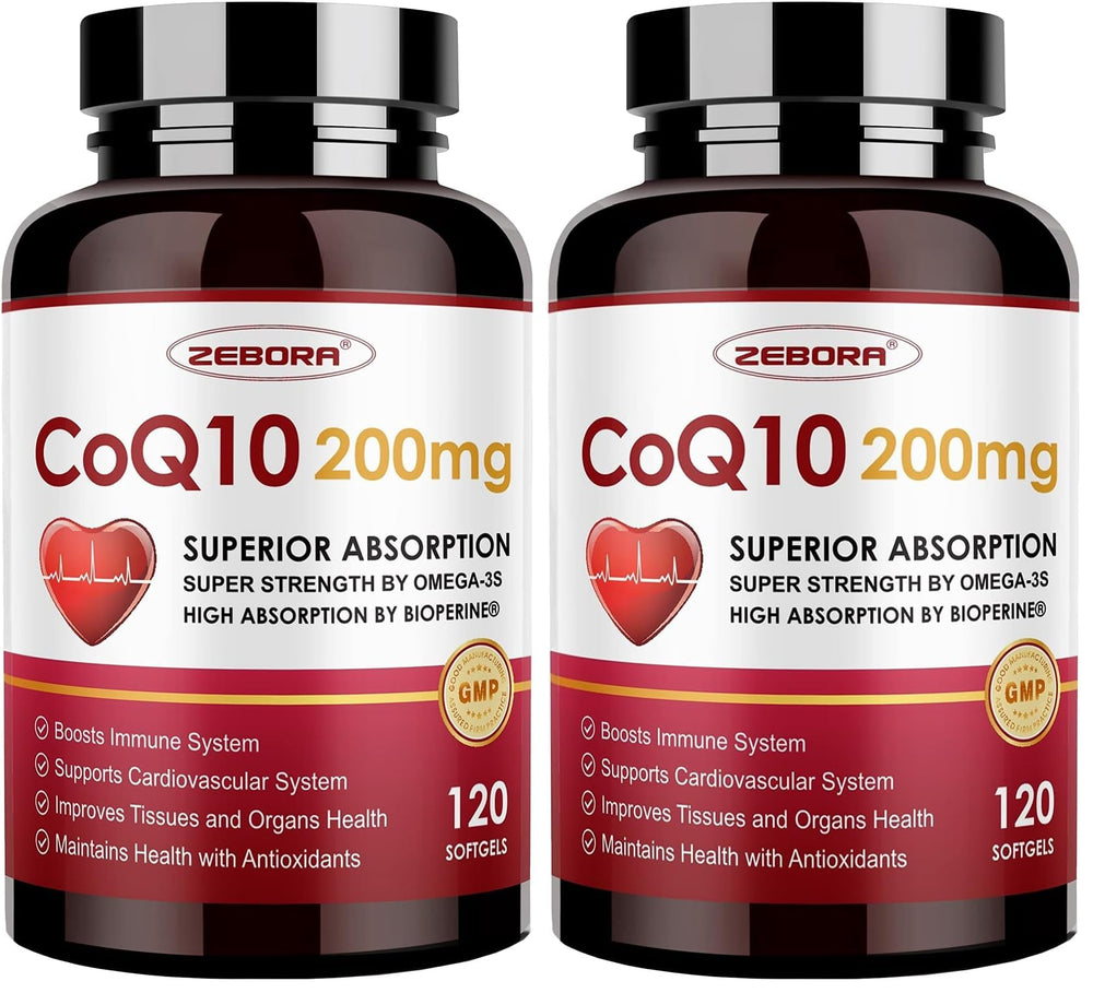 Product shot of ZEBORA CoQ10 200mg softgels with PQQ and Omega-3 in pack 2