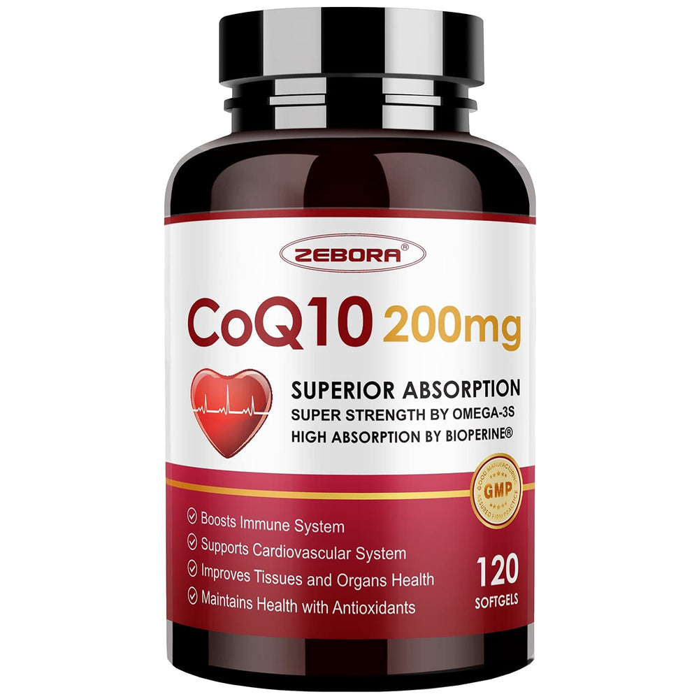 ZEBORA CoQ10-200mg softgels bottle with 120-day supply
