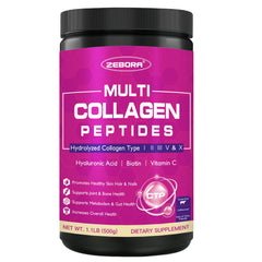 Front view of ZEBORA Multi Collagen Peptides Powder bottle (50 servings).