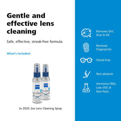Lenses being cleaned with ZEISS spray on a microfiber cloth