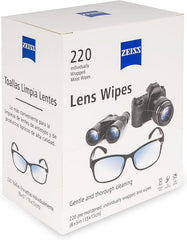 Close-up of ZEISS lens wipes showing 220 count
