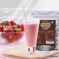 Nutrition facts panel for Zen Principle beetroot powder