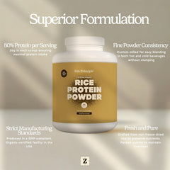 Zen Principle Organic Brown Rice Protein label highlighting USDA Organic and non-GMO status