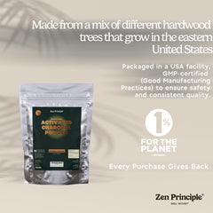 Label of Zen Principle hardwood activated charcoal powder
