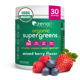 Packaging of Zena Nutrition Organic Super Greens Powder in Mixed Berry flavor
