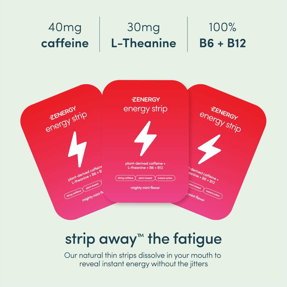 ZENERGY Mint Energy Strips tin side emphasizes zero sugar and vegan formula.