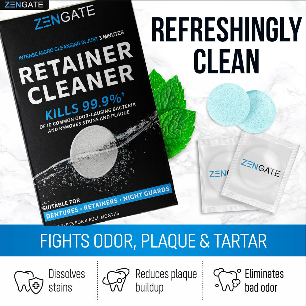 Dentures, retainers and mouthguards being cleaned with ZENGATE cleaner