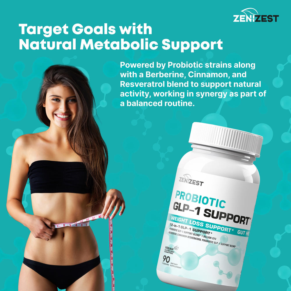 ZeniZest GLP-1 support label highlights natural ingredients for metabolic balance.