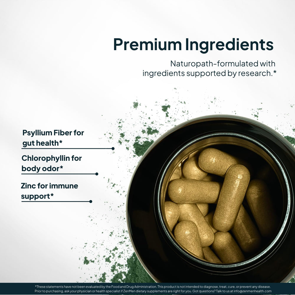 Graphic of chlorophyllin, champignon mushroom, and psyllium powder ingredients
