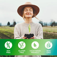 Vegetarian, Non-GMO, gluten-free badges on packaging