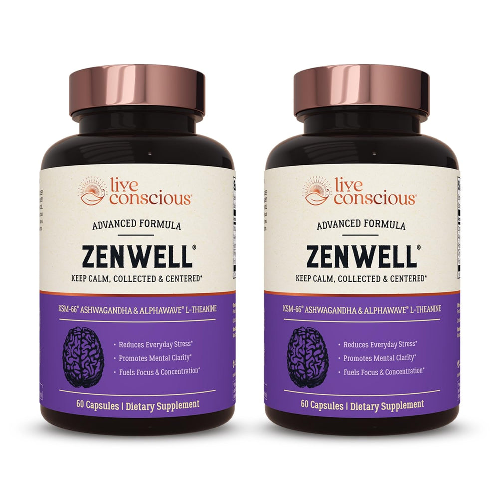 Front view of ZenWell 2-pack KSM-66 Ashwagandha with L-Theanine and AlphaWave capsules