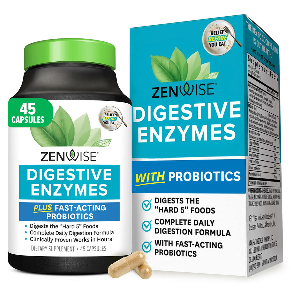 Zenwise Digestive Enzymes bottle with label highlighting gut health and bloating relief