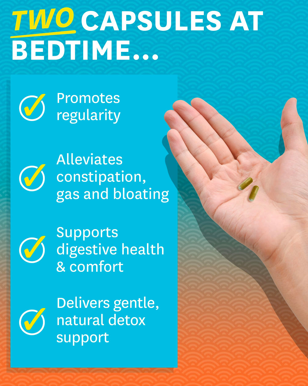 Two capsules poured from the Zenwise Detox bottle on a neutral surface