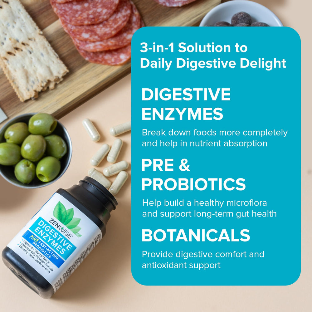 Zenwise Health Digestive Enzymes probiotics blend image underscores gut flora balance.