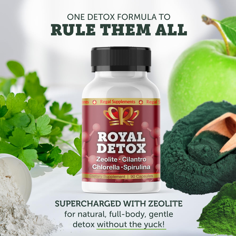 Zeo Health Royal Detox ingredient blend graphic highlights greens and minerals.