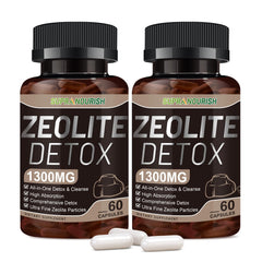 Zeolite Detox Capsules bottle displaying Clinoptilolite 1-2 µm, activated charcoal, and bentonite clay for full-body detox.